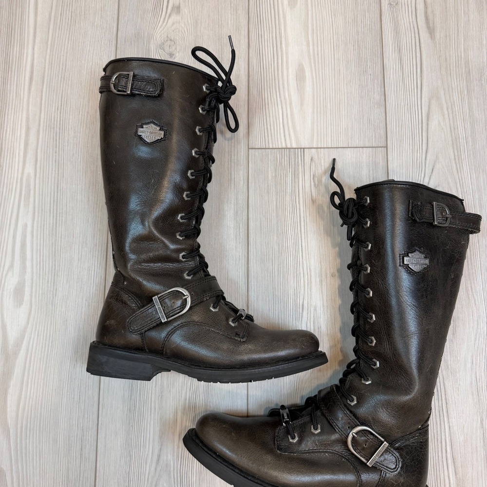 Harley Davidson Womens D83721 Tall Leather Moto Boots Brown Lace Up Buckle 9M - Picture 2 of 9